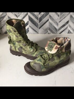 Palladium Fold-Over Camo Canvas Boots in Green and Brown
